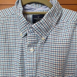 American Eagle Button Up Checked Shirt Size Xl Classic Fit Long Sleeve Blue